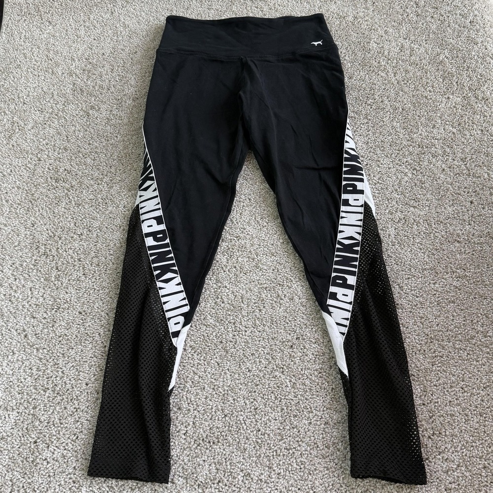PINK Victoria's Secret Leggings Womens Medium Black Mesh Logo Ankle Yoga Gym